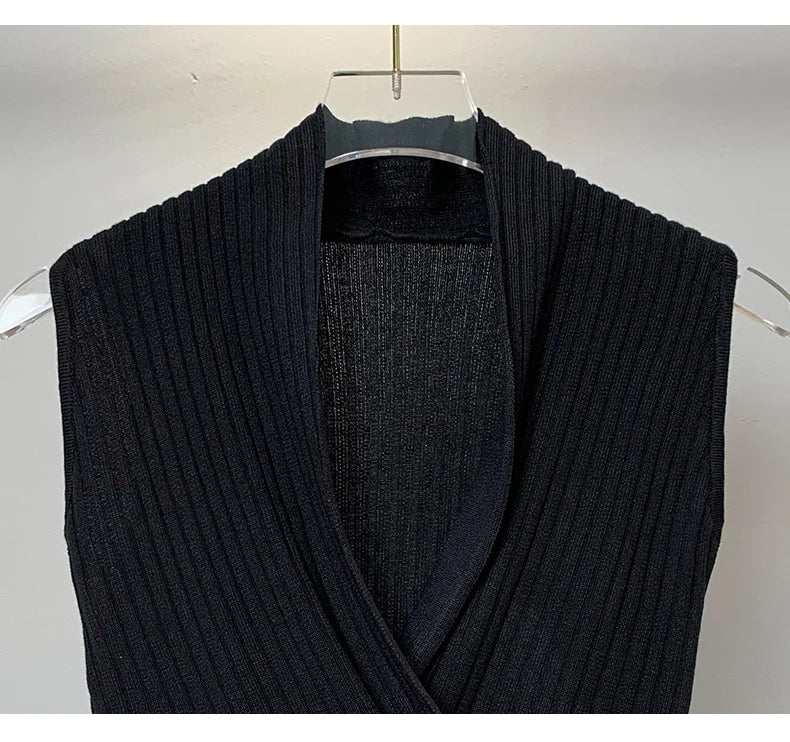 Sexy Deep V-Neck Knitted Crop Top Slim Fit Sleeveless Short Vest Summer New Style Zilihua Commute Style Pure Color Base Shirt