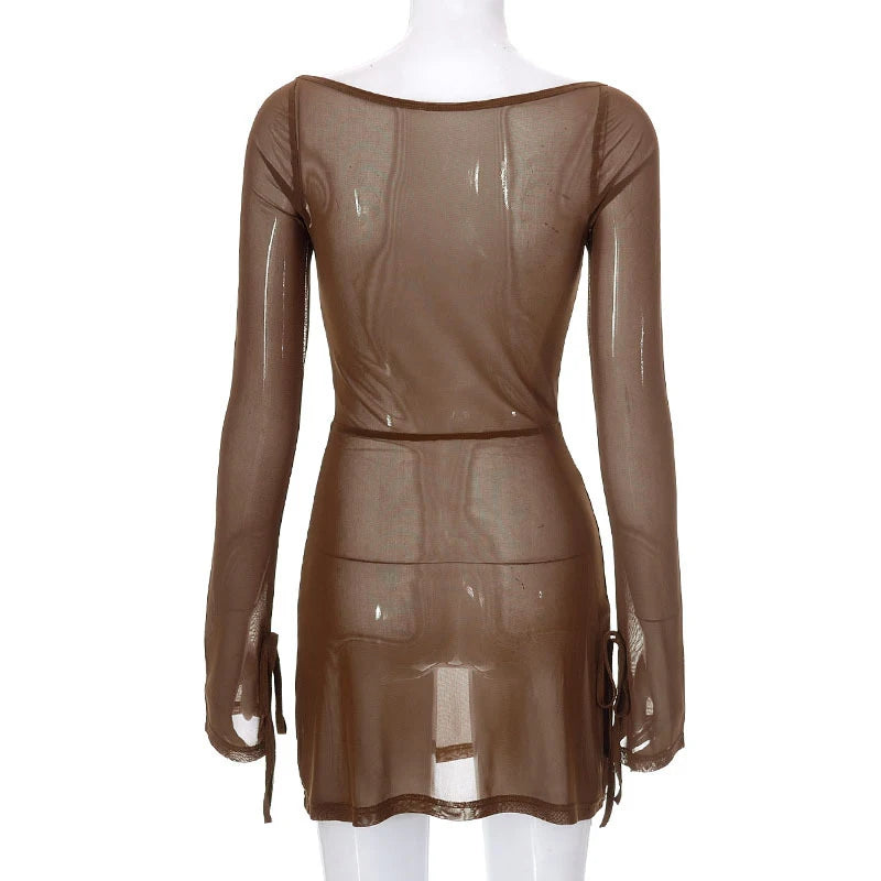 Square Collar Solid Mini Dress For Women Y2k Clothes Gauze Sexi Night Dress Hot Club Outfits Sheer Vestidos De Mujer Long Sleeve