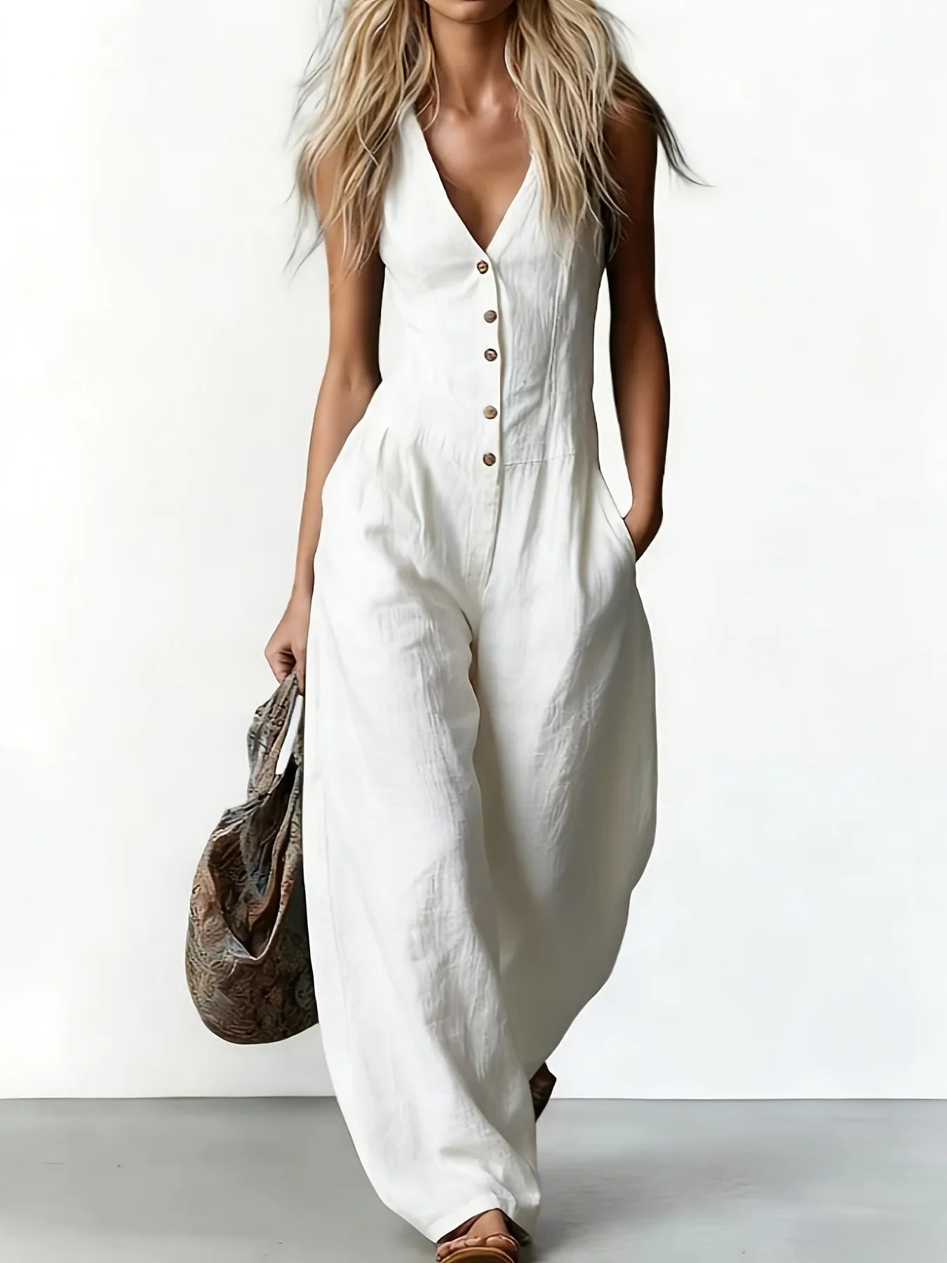 Women V Neck Spaghetti Strap Denim Jumpsuit High Waist Pleated Wide Leg Long Pants with Pockets Casual Vacation Solid Overalls