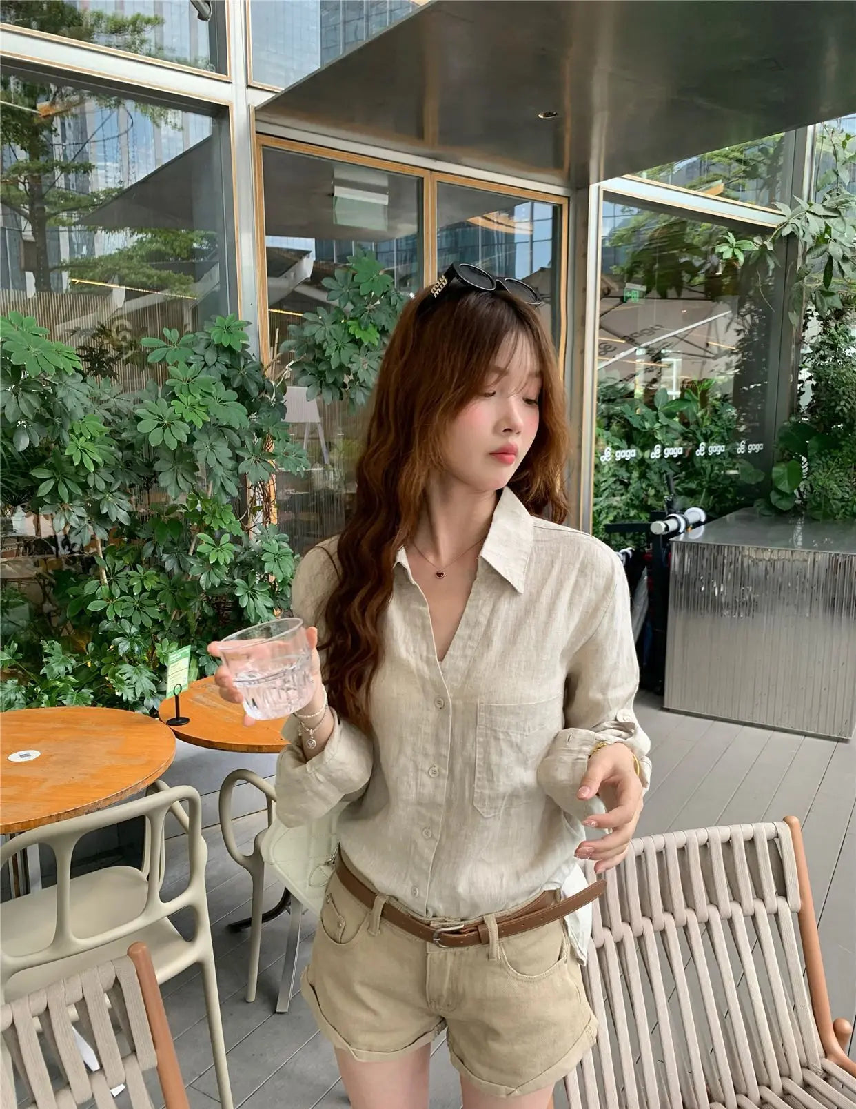 Women Old Money Linen Shirt Lapel V Neck Roll Tab Sleeve Loose Oversized Sun Protection Casual Blouse Summer Tops