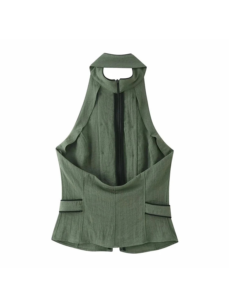 New Women Summer Elegant Silk Texture Tops Fashion Women Vacation Halter Backless Beach Style Lady Button Decor Casual Chic Tops