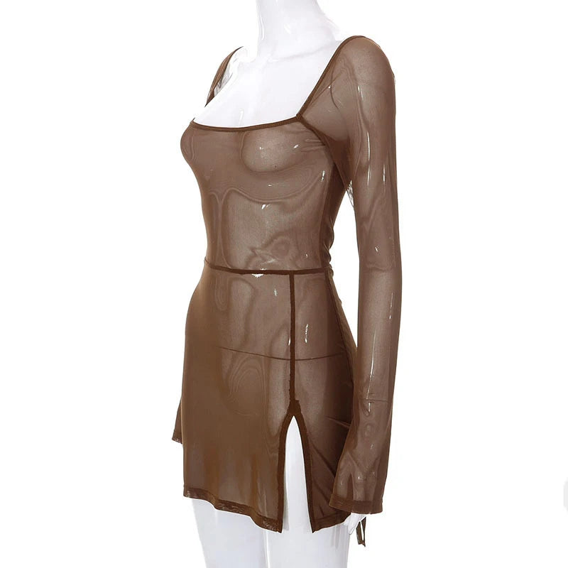 Square Collar Solid Mini Dress For Women Y2k Clothes Gauze Sexi Night Dress Hot Club Outfits Sheer Vestidos De Mujer Long Sleeve