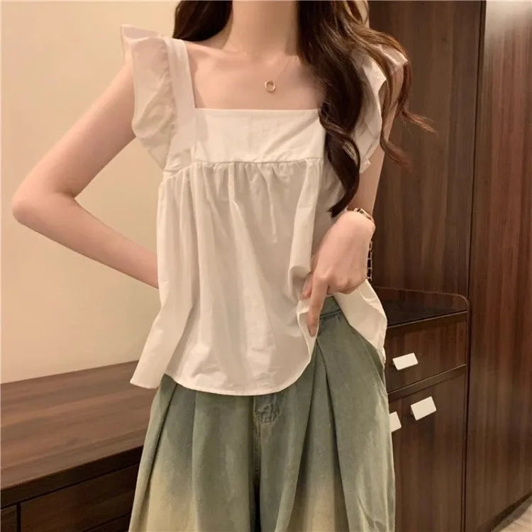 Women's Bow Tie Cami Top Summer Sleeveless Ruffle Hem Crop Top Vibrant Beachwear Loose Fit Casual Blouse