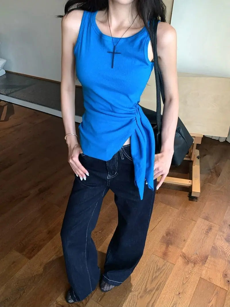 Women's Blue Ribbed Knit Tank Top Side Tie Asymmetrical Hem Sleeveless Casual Crop Top