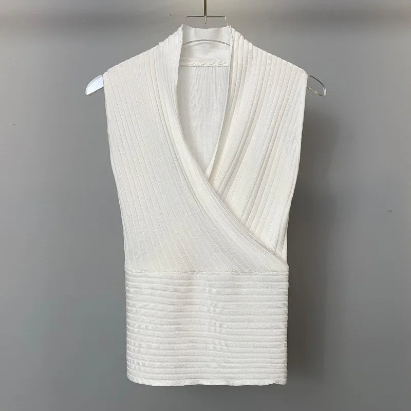 Sexy Deep V-Neck Knitted Crop Top Slim Fit Sleeveless Short Vest Summer New Style Zilihua Commute Style Pure Color Base Shirt