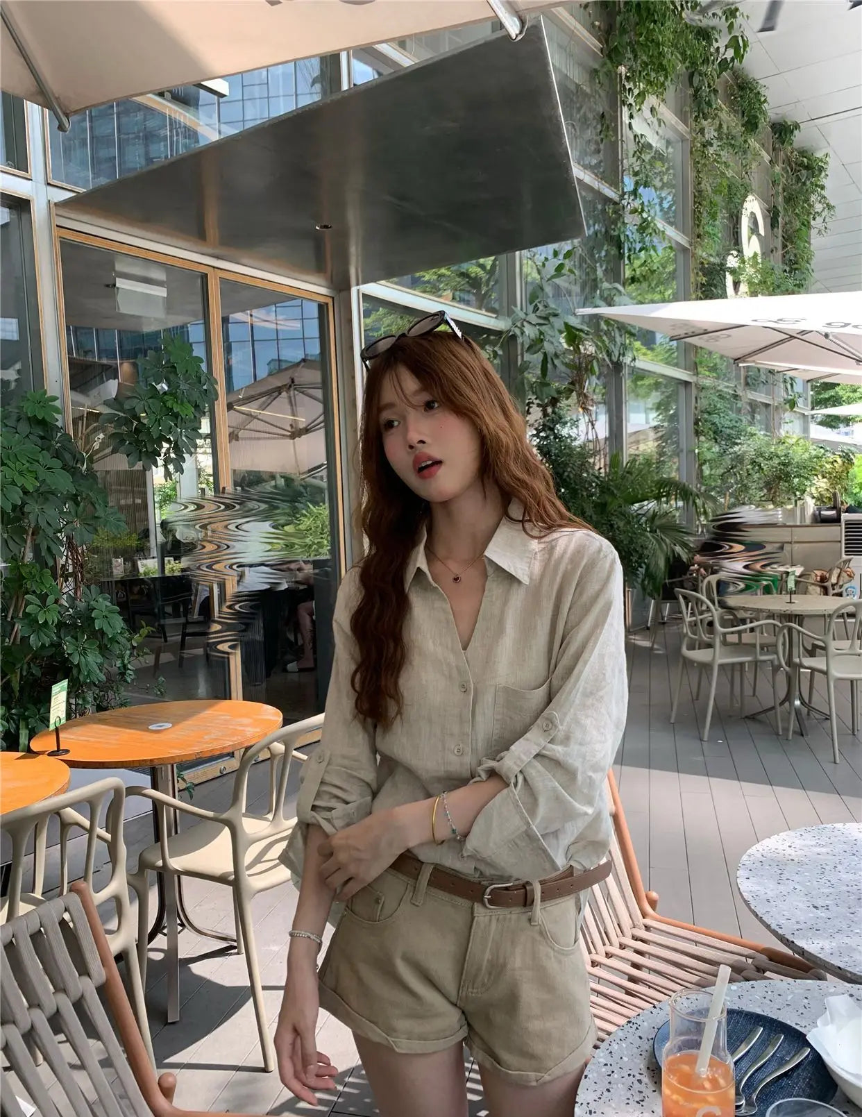 Women Old Money Linen Shirt Lapel V Neck Roll Tab Sleeve Loose Oversized Sun Protection Casual Blouse Summer Tops