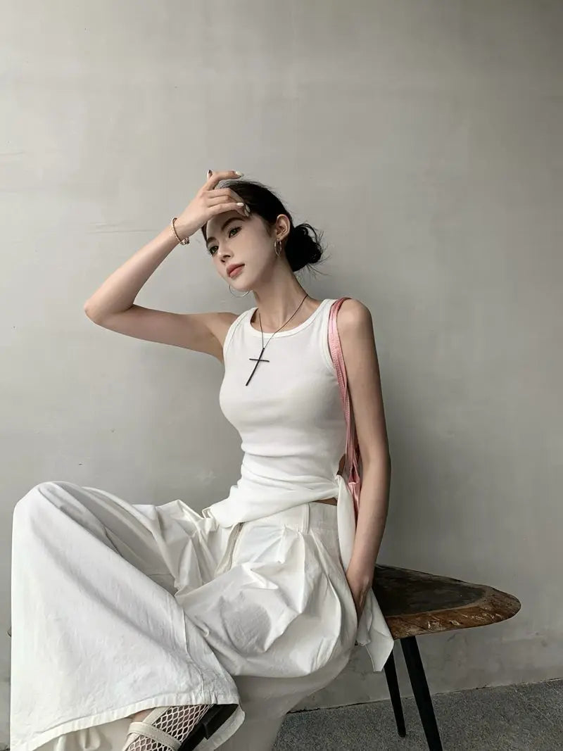 Women's Blue Ribbed Knit Tank Top Side Tie Asymmetrical Hem Sleeveless Casual Crop Top