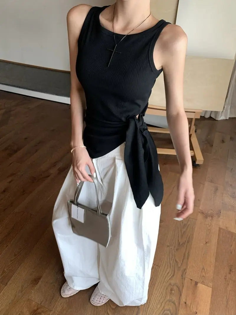 Women's Blue Ribbed Knit Tank Top Side Tie Asymmetrical Hem Sleeveless Casual Crop Top