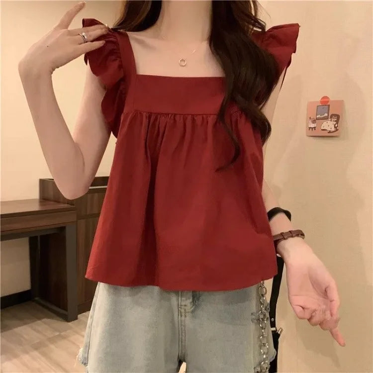 Women's Bow Tie Cami Top Summer Sleeveless Ruffle Hem Crop Top Vibrant Beachwear Loose Fit Casual Blouse