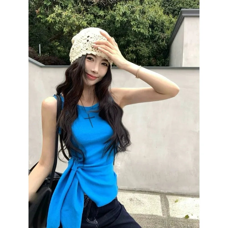 Women's Blue Ribbed Knit Tank Top Side Tie Asymmetrical Hem Sleeveless Casual Crop Top