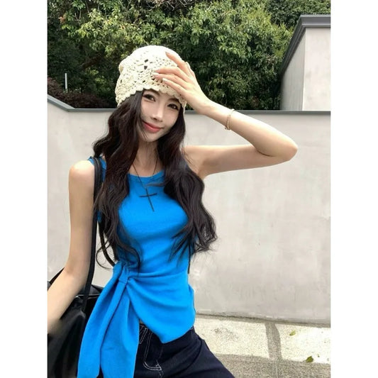 Women's Blue Ribbed Knit Tank Top Side Tie Asymmetrical Hem Sleeveless Casual Crop Top