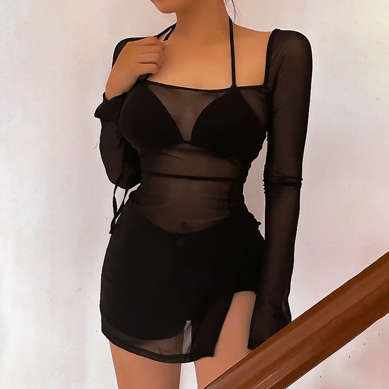 Square Collar Solid Mini Dress For Women Y2k Clothes Gauze Sexi Night Dress Hot Club Outfits Sheer Vestidos De Mujer Long Sleeve