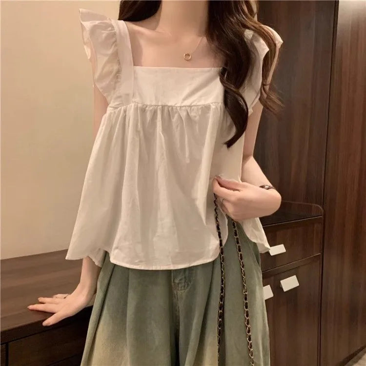 Women's Bow Tie Cami Top Summer Sleeveless Ruffle Hem Crop Top Vibrant Beachwear Loose Fit Casual Blouse