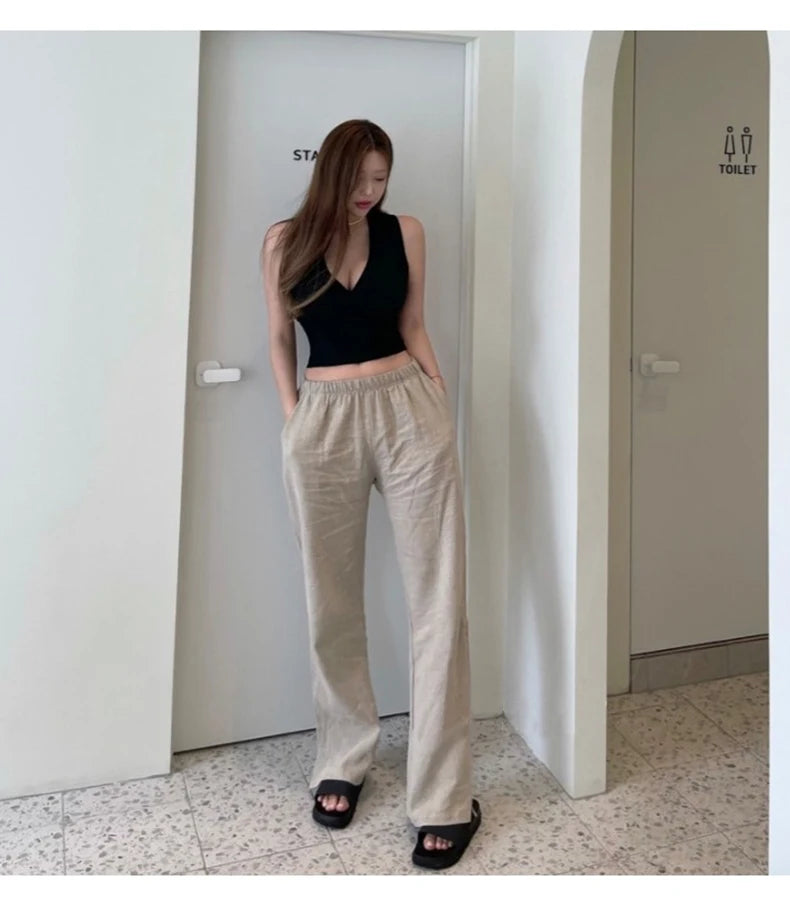 Sexy Deep V-Neck Knitted Crop Top Slim Fit Sleeveless Short Vest Summer New Style Zilihua Commute Style Pure Color Base Shirt