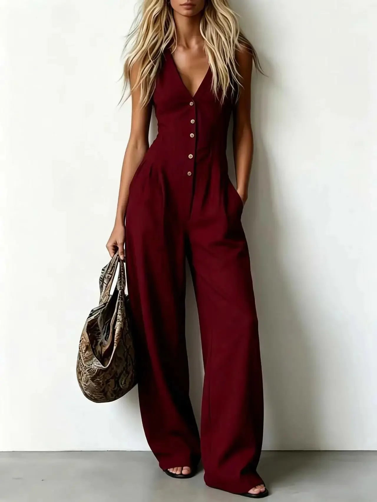 Women V Neck Spaghetti Strap Denim Jumpsuit High Waist Pleated Wide Leg Long Pants with Pockets Casual Vacation Solid Overalls