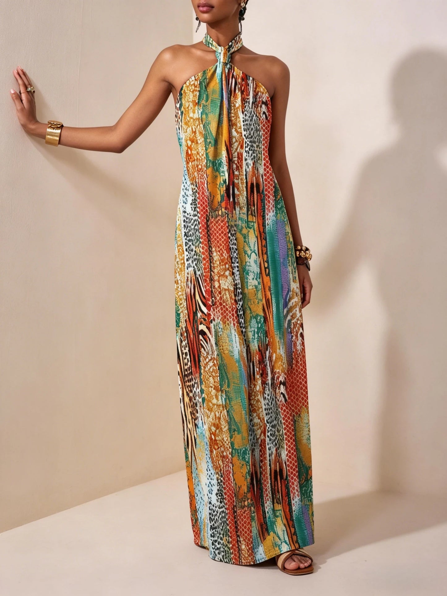 Women's Halter Neck Backless Printed Maxi Dress Loose Fit Sleeveless Bohemian Casual Dress Spring Summer Vacation Beach Outfit