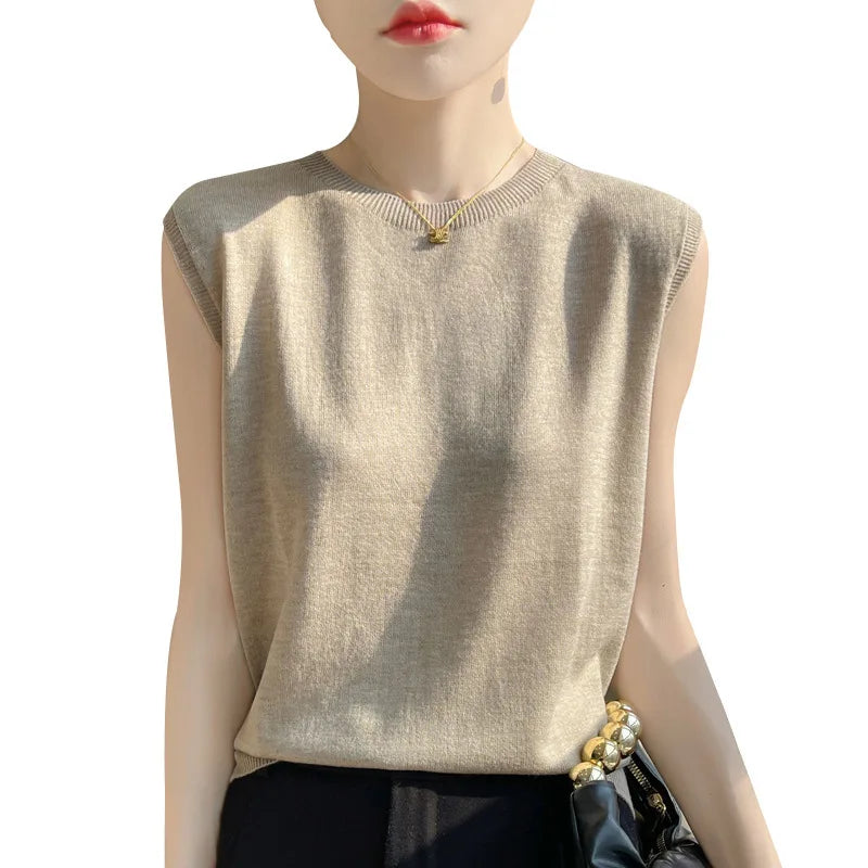 Women Knitted Tank Tops Round-neck Sleeveless Bottoming Shirts Spring Summer Tank Top Solid Soft Korean Fashion Lady Knit Top
