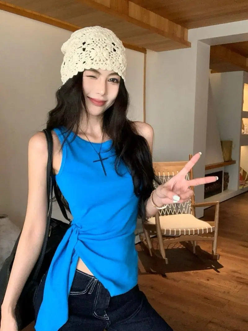 Women's Blue Ribbed Knit Tank Top Side Tie Asymmetrical Hem Sleeveless Casual Crop Top