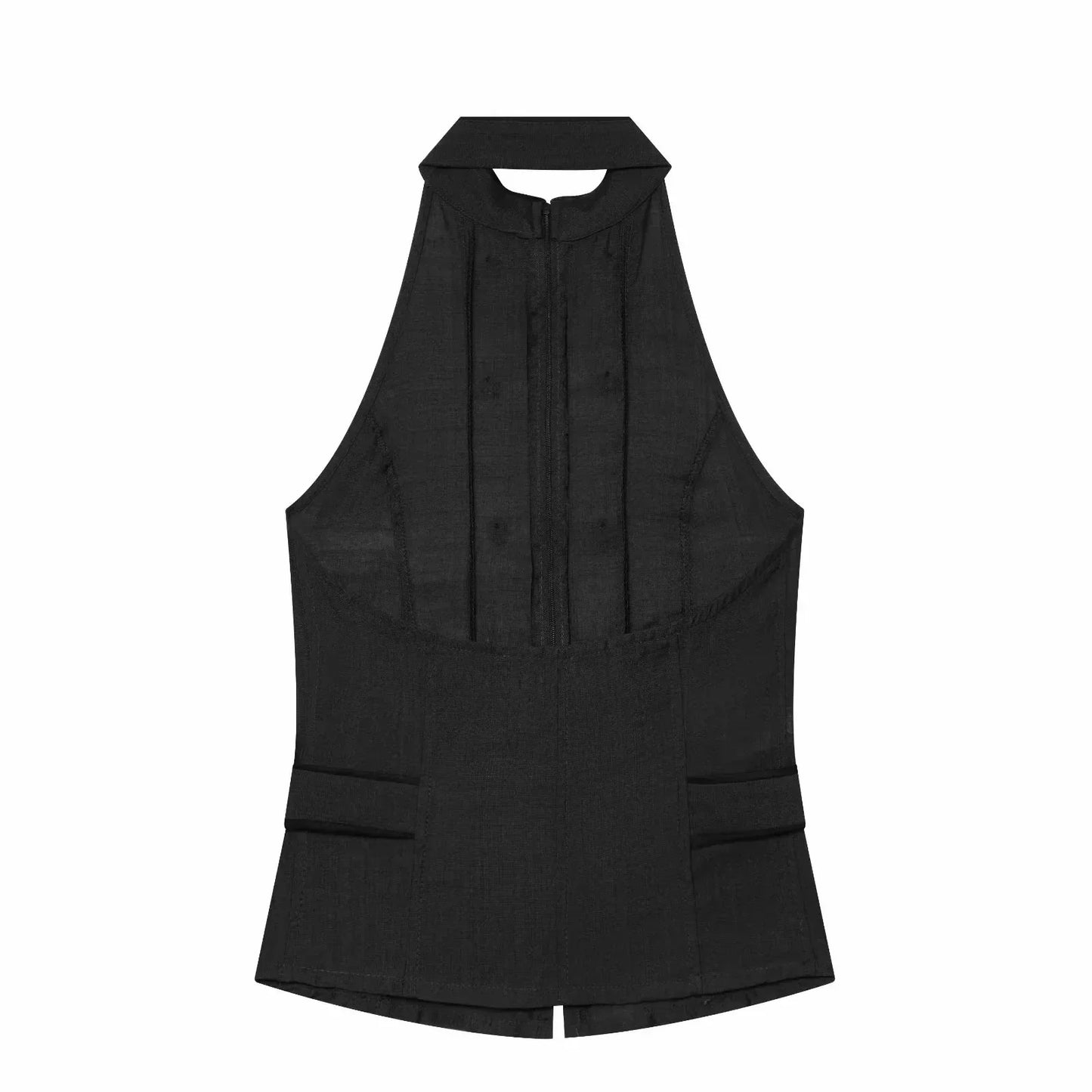 New Women Summer Elegant Silk Texture Tops Fashion Women Vacation Halter Backless Beach Style Lady Button Decor Casual Chic Tops