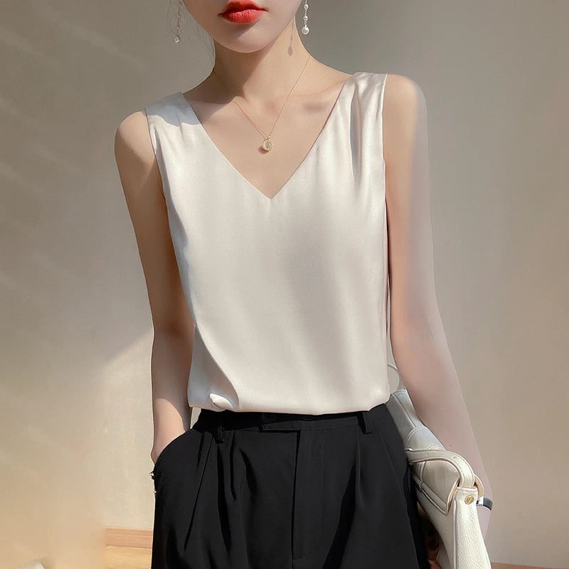 Silk Satin Vest Women's New 2025 Sleeveless V-neck Camisole Acetate Georgette Base Shirt Office Commute Style  Color