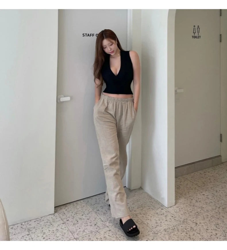 Sexy Deep V-Neck Knitted Crop Top Slim Fit Sleeveless Short Vest Summer New Style Zilihua Commute Style Pure Color Base Shirt