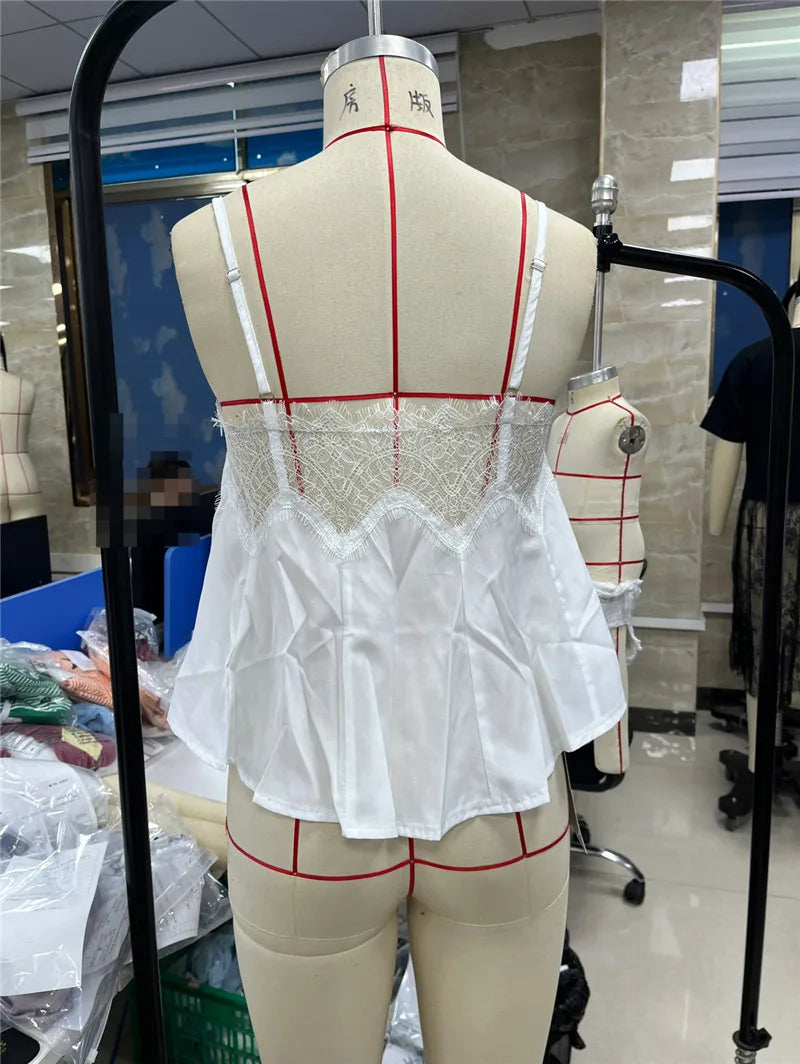 Ladies Adjustable Strap Lace Trim Satin Cami Top V-Neck Sheer Floral Lace Neckline Flowy Swing Sleeveless Blouse Casual Wear