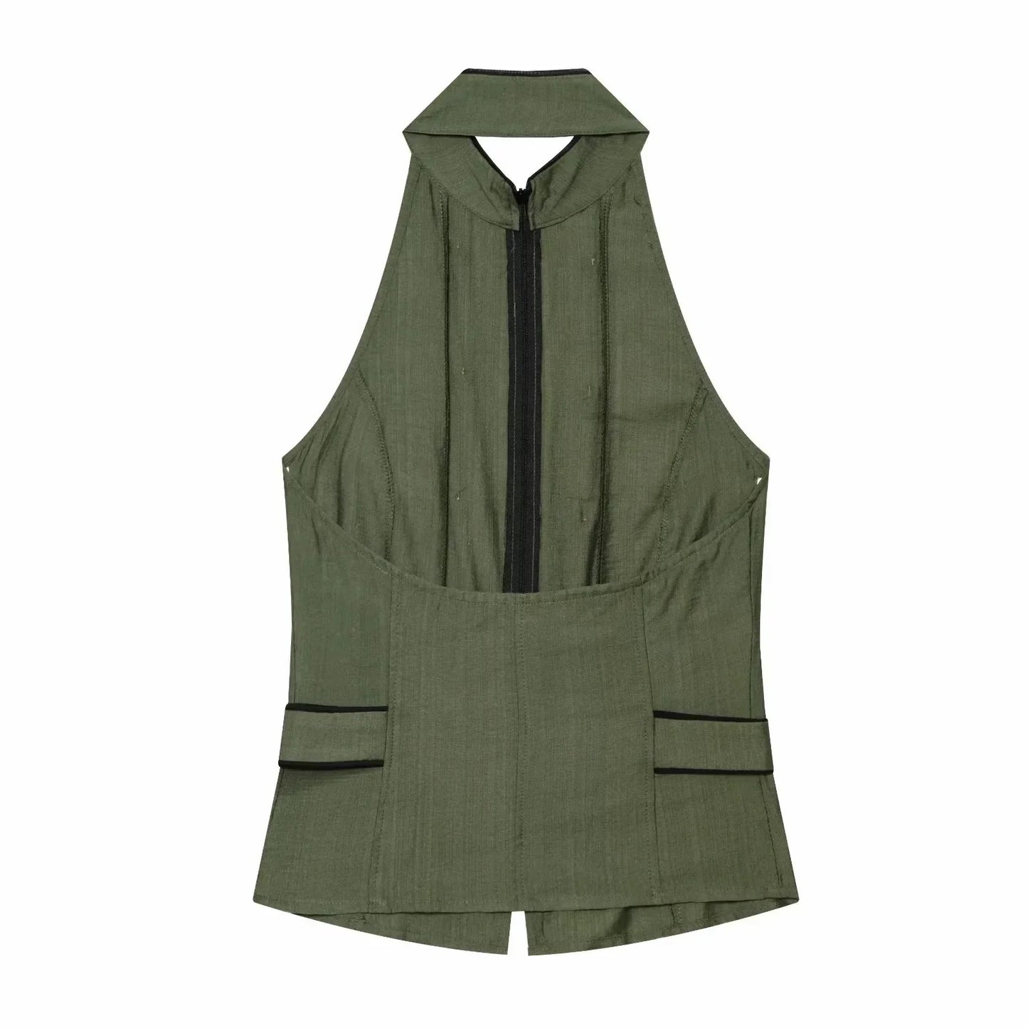 New Women Summer Elegant Silk Texture Tops Fashion Women Vacation Halter Backless Beach Style Lady Button Decor Casual Chic Tops