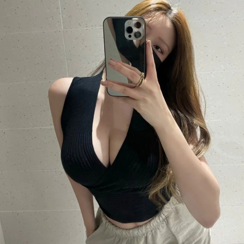 Sexy Deep V-Neck Knitted Crop Top Slim Fit Sleeveless Short Vest Summer New Style Zilihua Commute Style Pure Color Base Shirt
