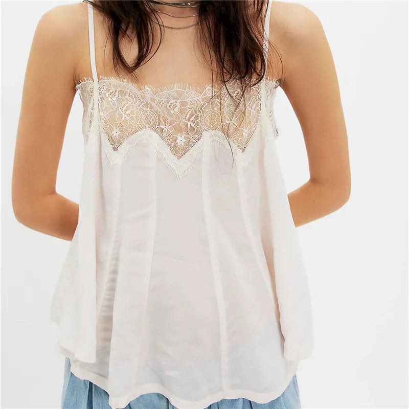 Ladies Adjustable Strap Lace Trim Satin Cami Top V-Neck Sheer Floral Lace Neckline Flowy Swing Sleeveless Blouse Casual Wear
