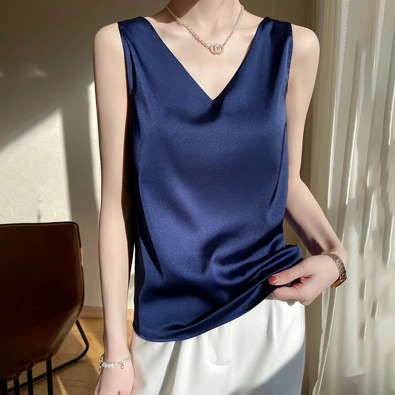 Silk Satin Vest Women's New 2025 Sleeveless V-neck Camisole Acetate Georgette Base Shirt Office Commute Style  Color