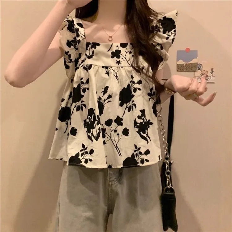 Women's Bow Tie Cami Top Summer Sleeveless Ruffle Hem Crop Top Vibrant Beachwear Loose Fit Casual Blouse